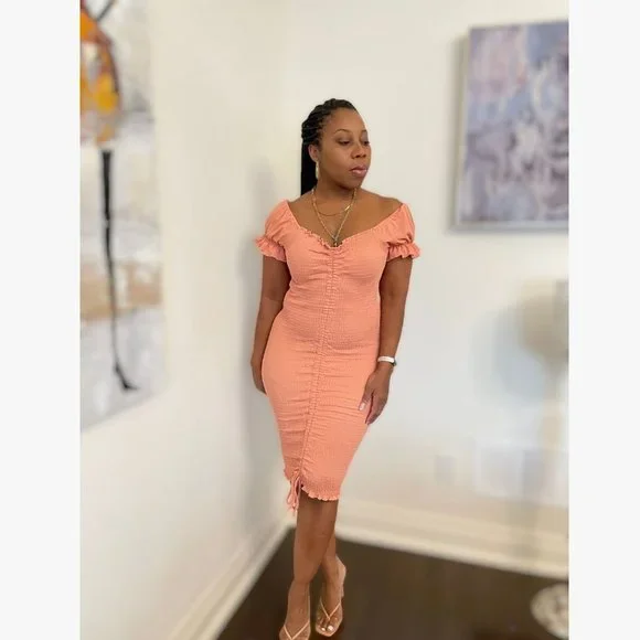 (NWT) Smocked Ruched Dress (Midi or Mini) - Salmon - Picture 3 of 7